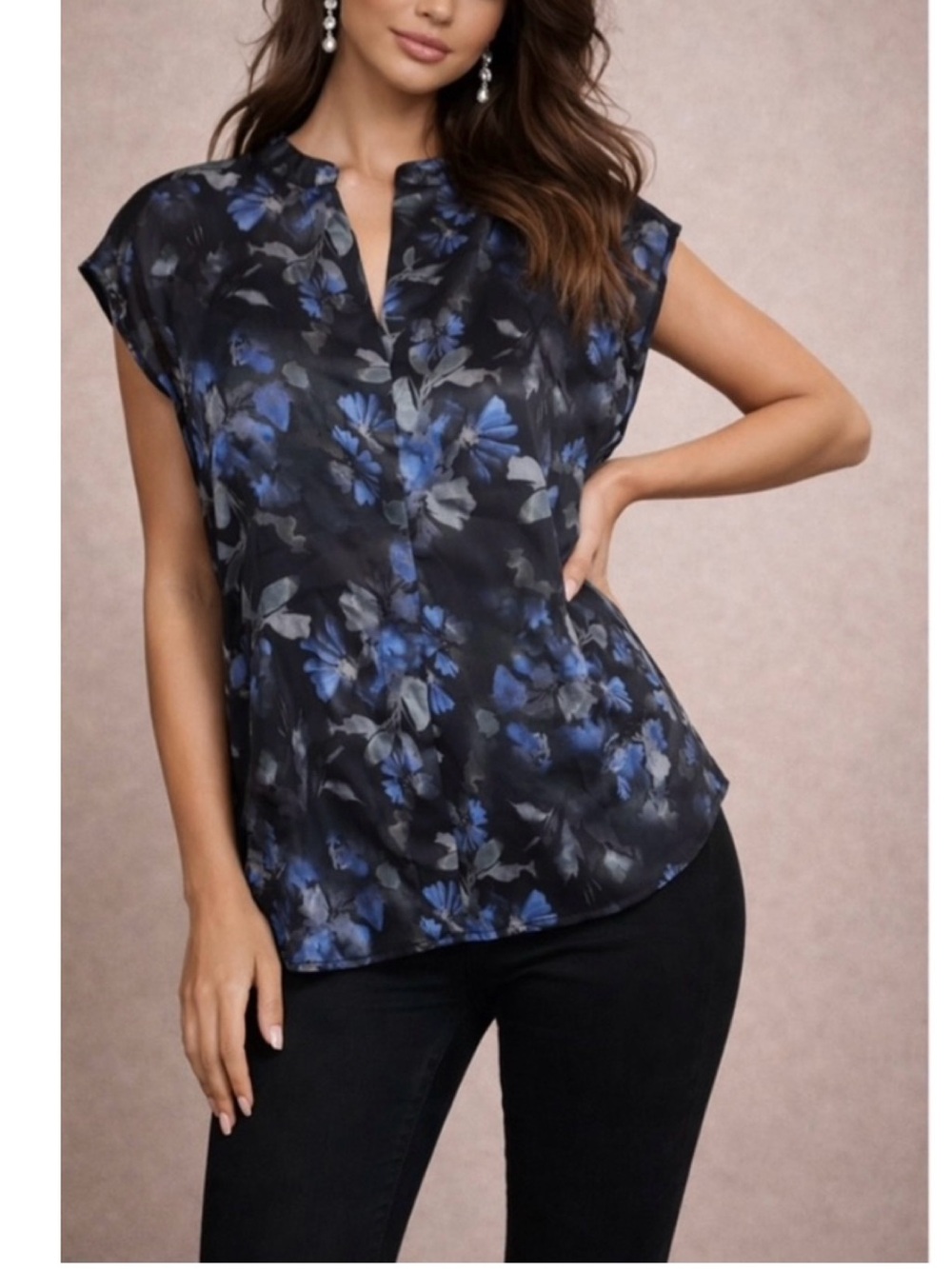Tahari Black Blouse with Blue Floral Print